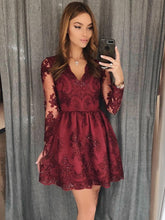 Burgundy Lace Long Sleeves V-Neck Short Prom Dress